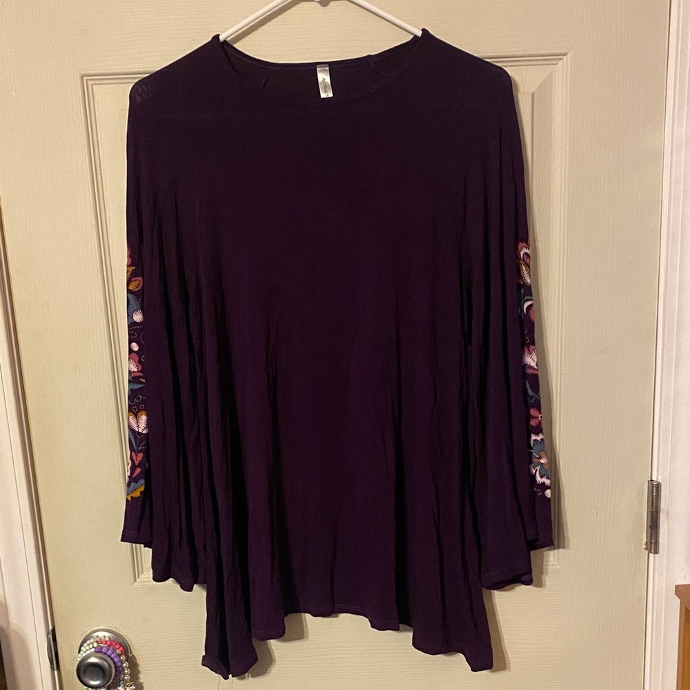 Acting Pro Dark Purple Long Sleeve Top with Embroidered Sleeves